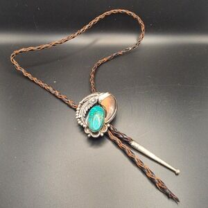 Navajo Bolo Tie Mens Turquoise Sterling Silver Good Vintage Artist signed "PVS"